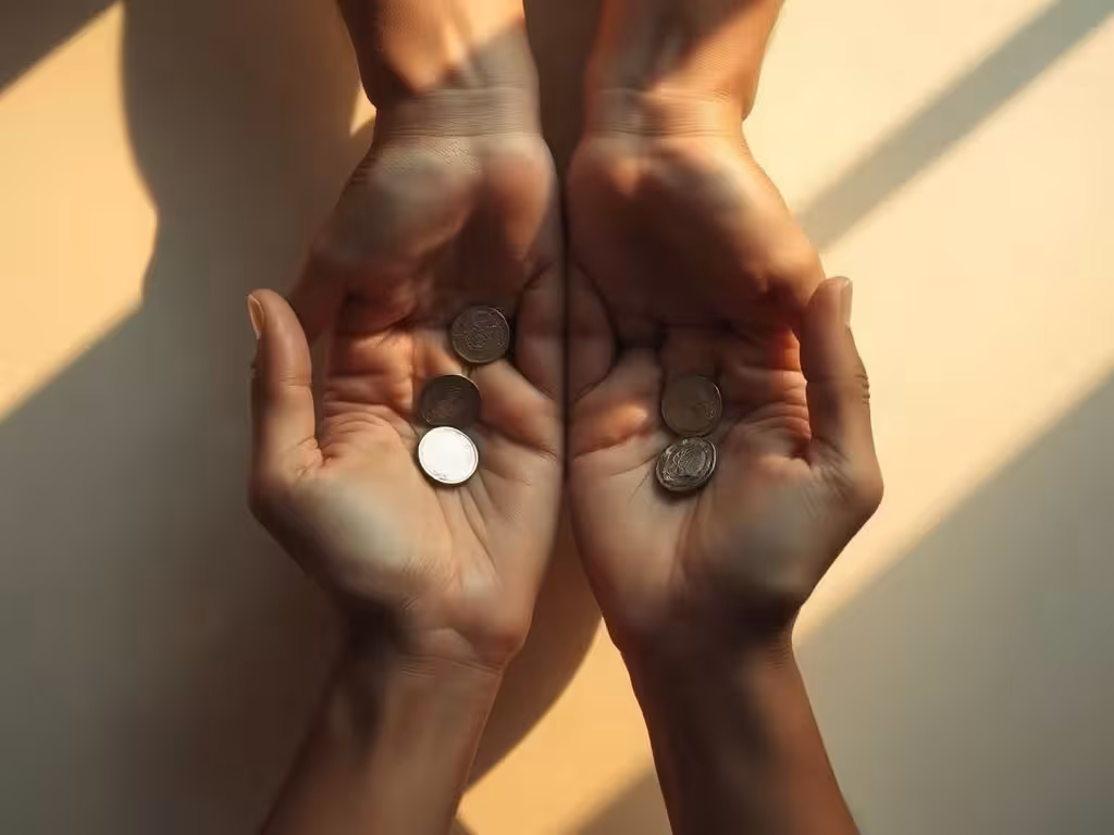 Mains tenant des pièces dans la lumière douce, représentant la réflexion sur nos biais cognitifs face à l'argent.