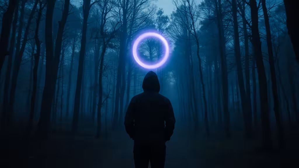 Silhouette dans la nature entourée d’un halo évoquant l’aura spirituelle.