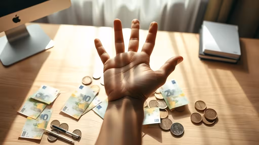 Une main hésitante au-dessus de billets, symbole des blocages inconscients face à l'argent