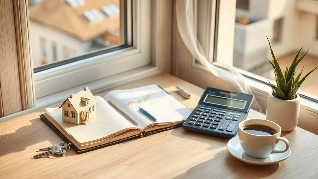 Business revenus passifs : bureau réaliste avec maison miniature, clés et outils financiers.