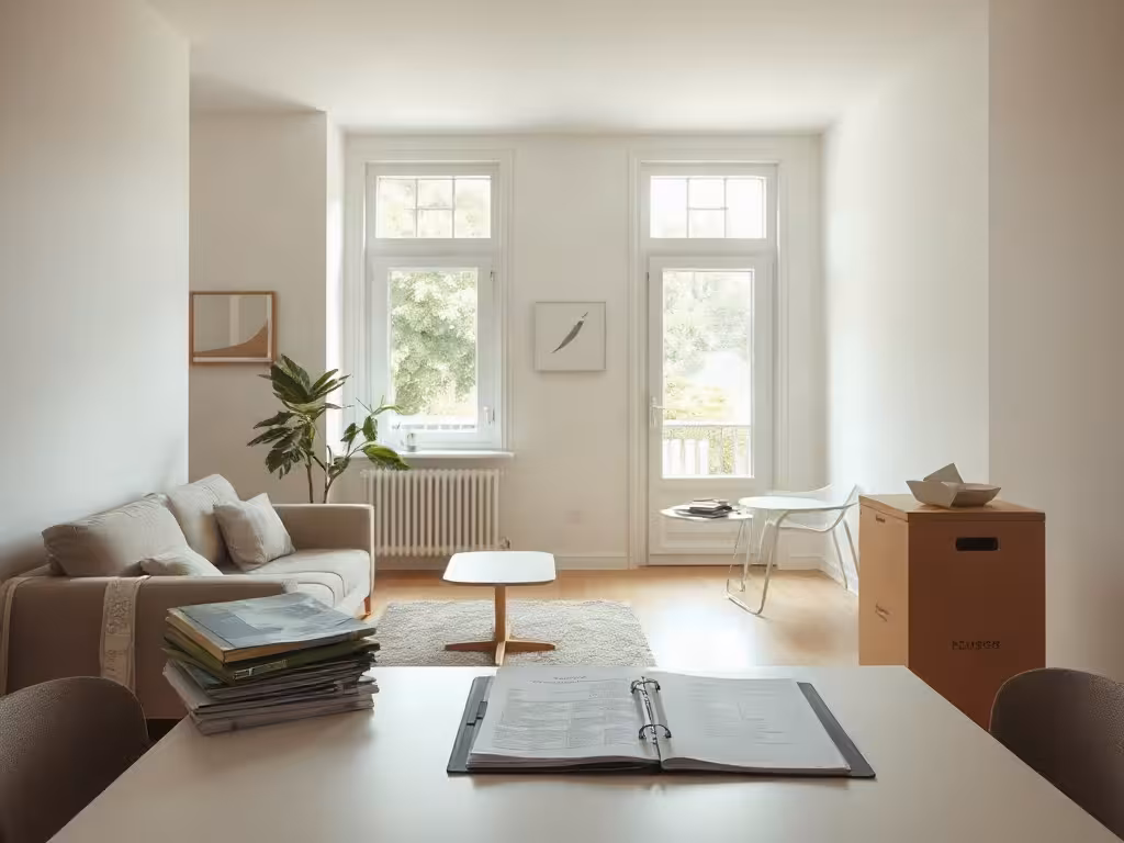 Business revenus passifs et immobilier locatif : appartement vide, clés et documents de gestion.