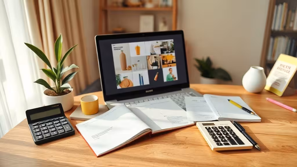 Espace de travail consacré aux revenus passifs Etsy avec produits numériques et outils de gestion.