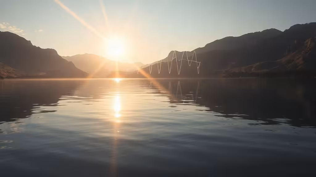 Paysage serein avec cristal reflétant la lumière — symbolise l'harmonie et les vibrations de la fréquence 285 Hz