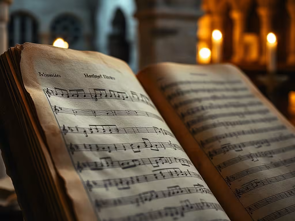 Ancien manuscrit musical aux chandelles, symbolisant l'héritage des chants sacrés et de la tradition grégorienne du 417 Hz