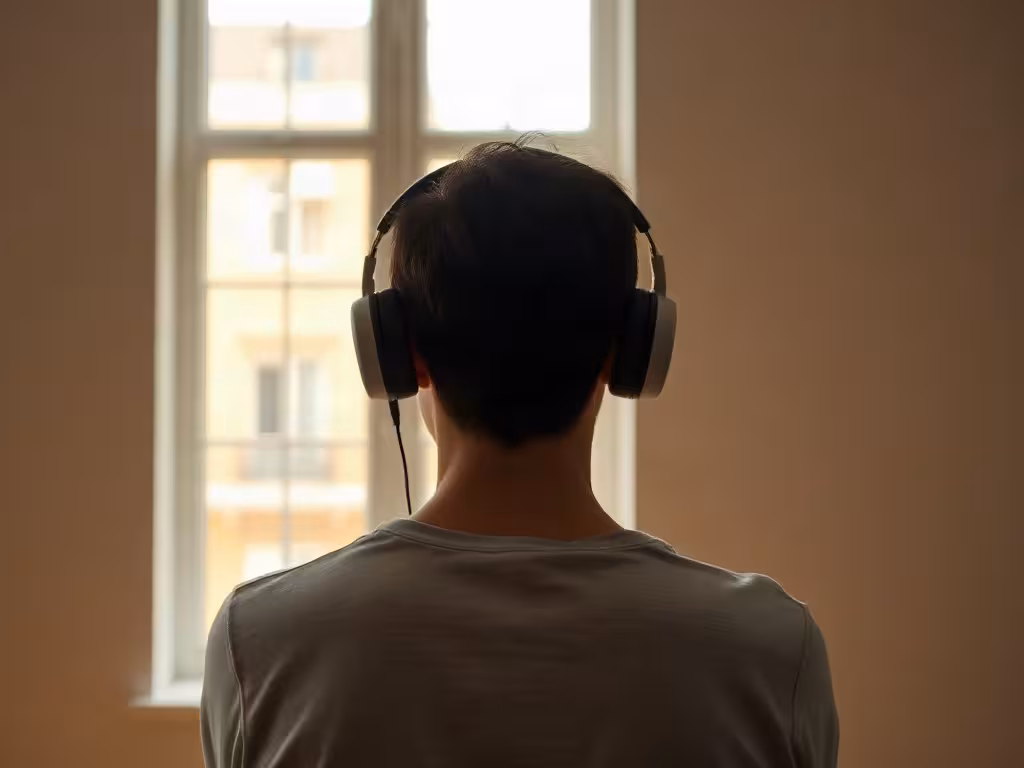 Silhouette en méditation écoutant du 417 Hz via écouteurs, lumière naturelle douce, ambiance de détente et d'introspection sonore