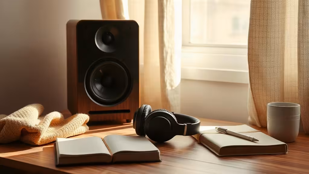 Écoute attentive de 528 Hz : casque, enceinte et lumière naturelle dans un intérieur calme.