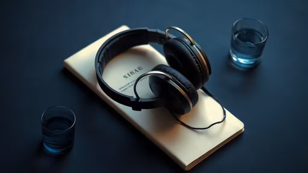 Casque, carnet et ondes sur l’eau évoquant l’écoute des fréquences solfège Solfeggio.