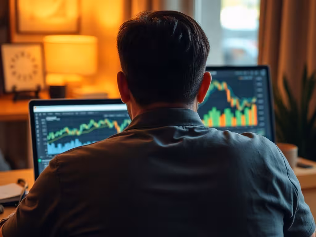 Vue de dos, personne travaillant à l'ordinateur avec données financières, montrant le travail continu des revenus passifs.