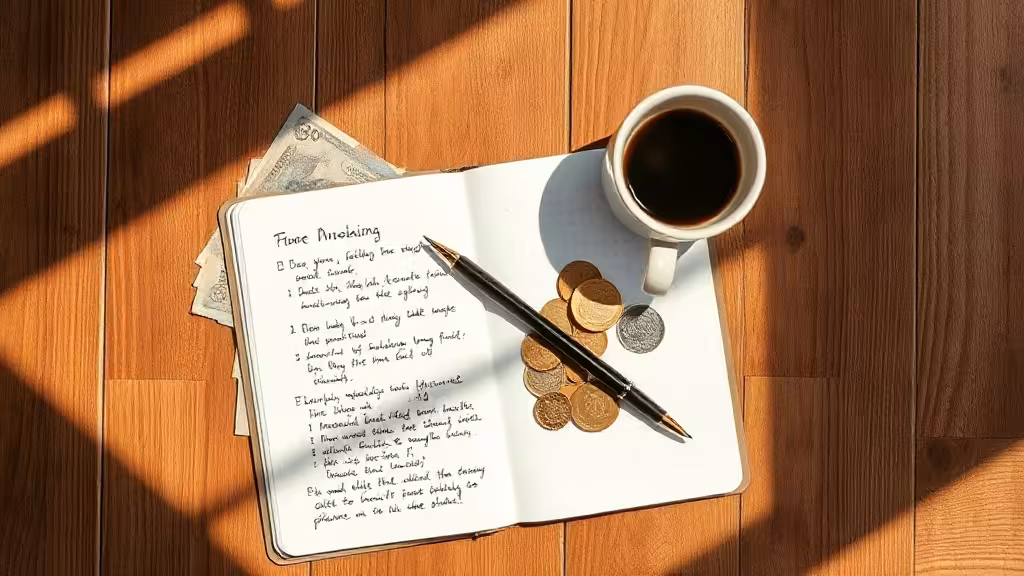 Table de travail éclairée naturellement montrant des notes manuscrites, de l'argent et un stylo en mouvement — illustration du passage du plan à l'action.