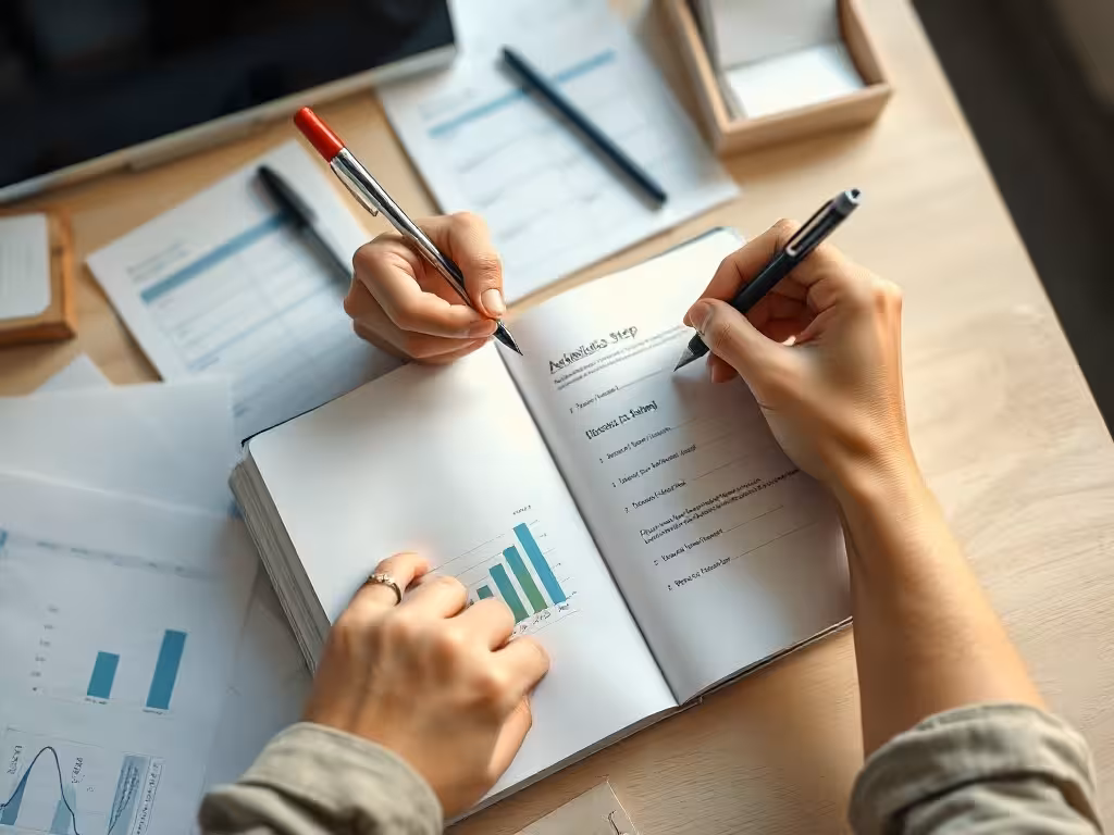 Gros plan de mains écrivant les étapes d'un plan financier sur une page — passage de l'intention à l'engagement concret.