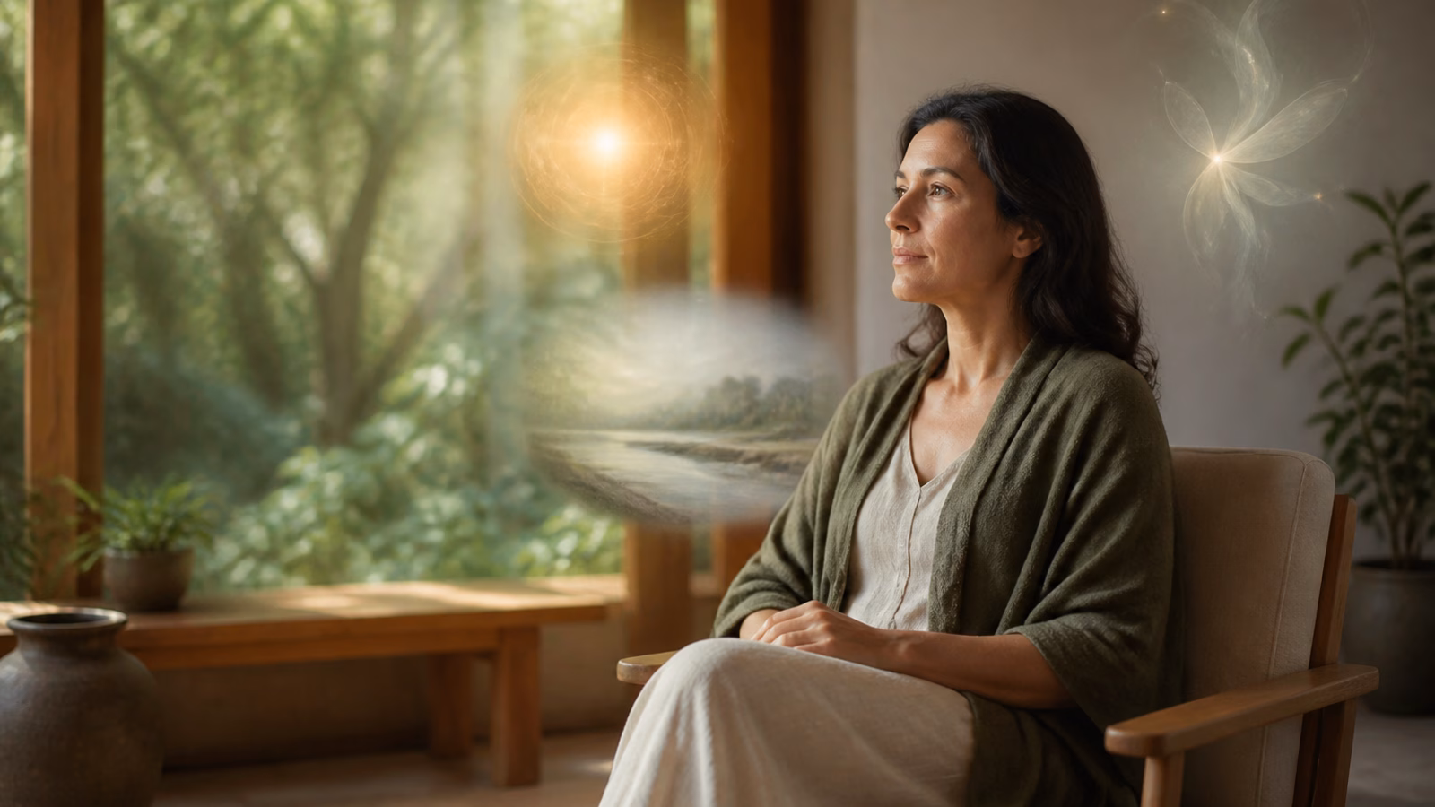 Personne observant calmement ses ressentis intérieurs pour distinguer intuition, imagination et perception médiumnique