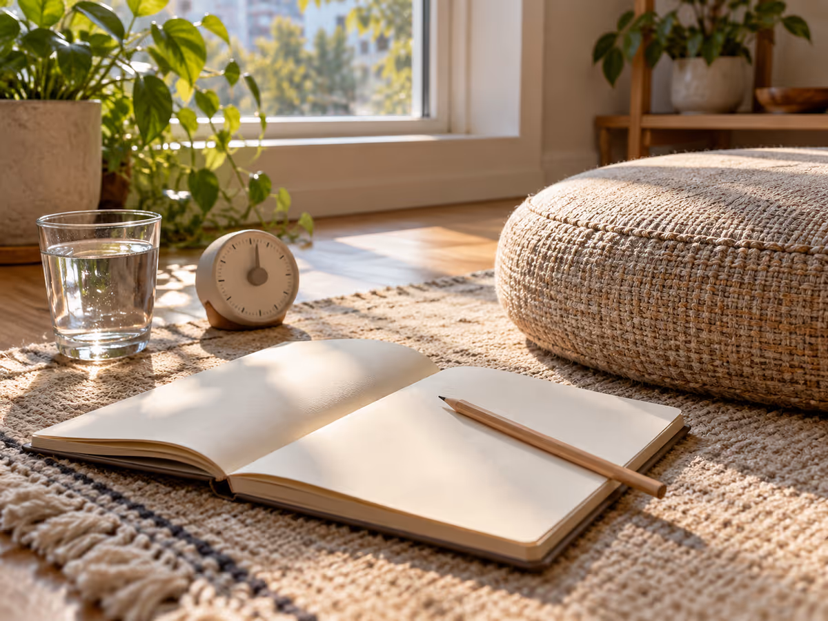 Un carnet et un minuteur accompagnent une séance de méditation.