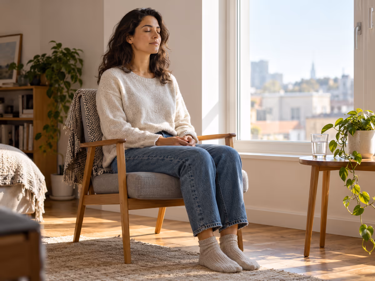 Une personne médite assise sur une chaise dans son salon.