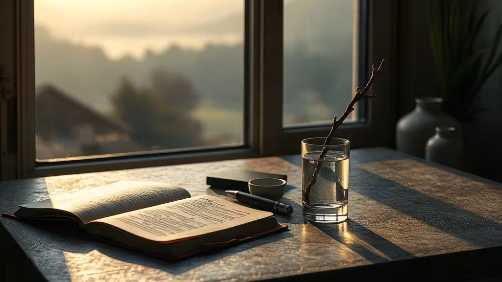 Espace de méditation sobre pour pratiquer les mantras ho'oponopono avec carnet, bougie et verre d’eau.