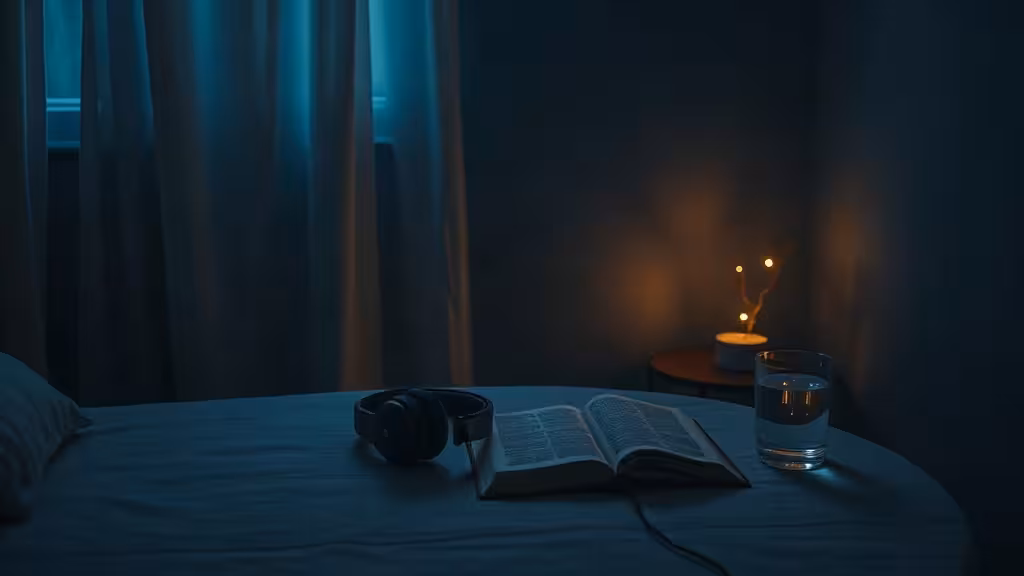 Casque et carnet près d’un lit pour expérimenter un audio d’ondes delta sommeil.