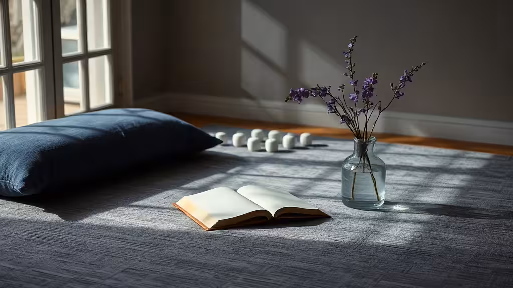 Espace de méditation sobre avec sept galets pour ouvrir les chakras en douceur.