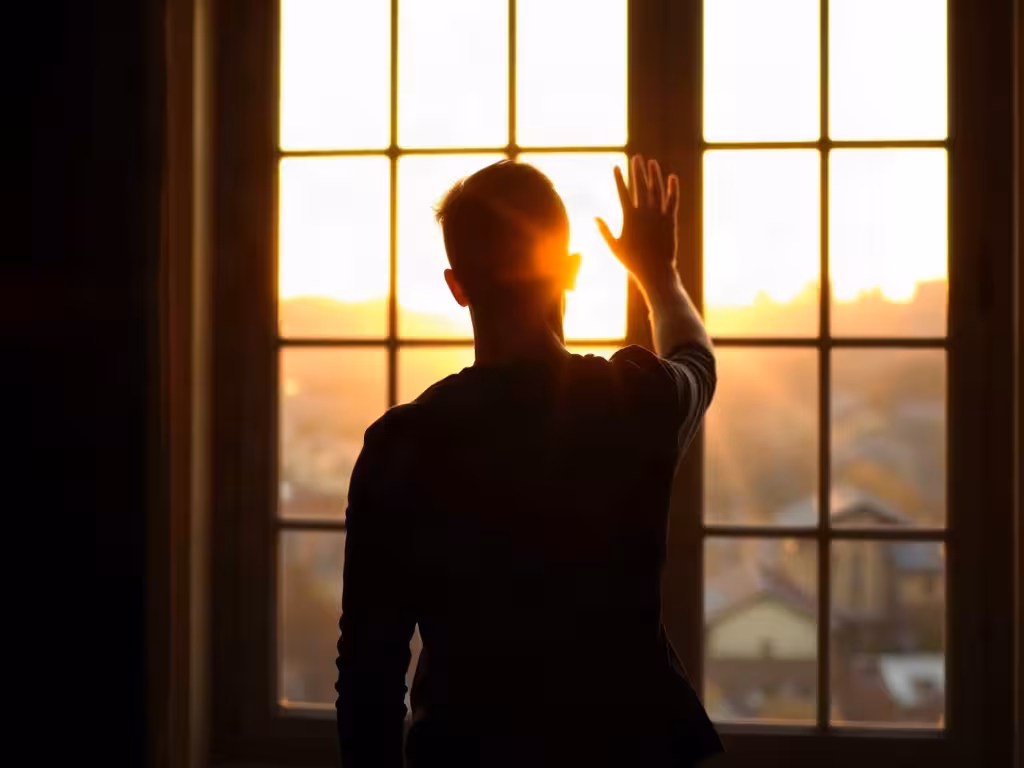 Une silhouette regardant par une fenêtre illuminée par la lumière d'or, représentant le passage intérieur vers une nouvelle relation à l'abondance.