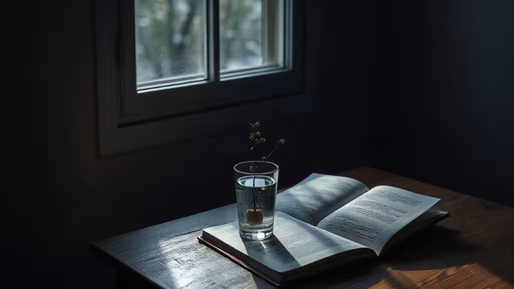 Espace calme avec carnet, bougie et verre d’eau pour une routine de protection spirituelle.