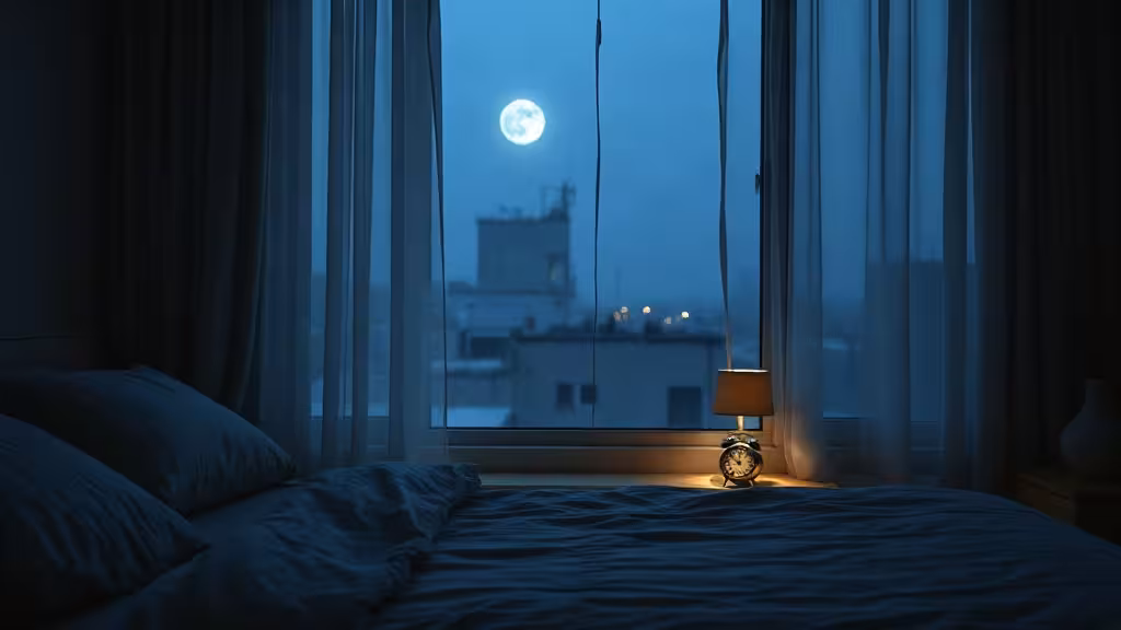 Réveil à 4 h du matin : chambre calme éclairée par la lumière bleue de l’aube.