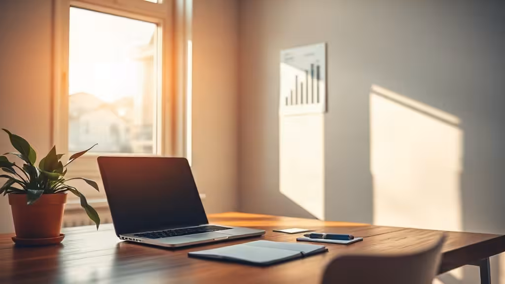 Bureau minimaliste illuminé avec plante en croissance et graphiques financiers, illustrant les revenus passifs idées accessibles.