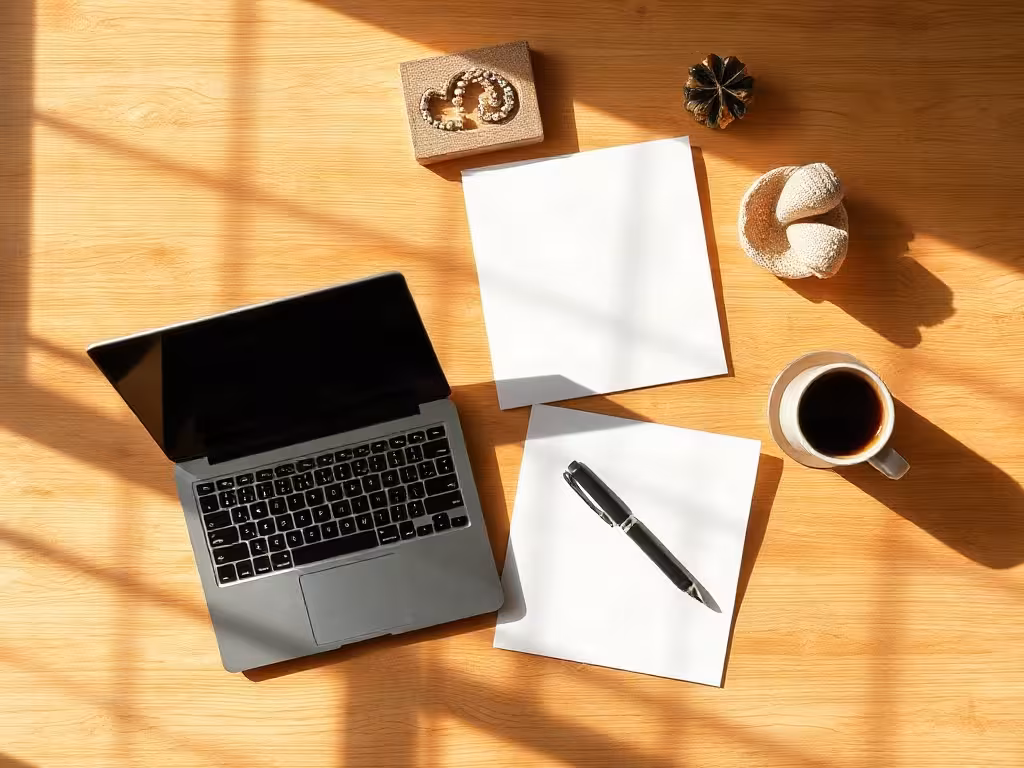 Flat lay créatif d'un espace de travail numérique minimaliste, évoquant les revenus passifs idées sans capital initial.