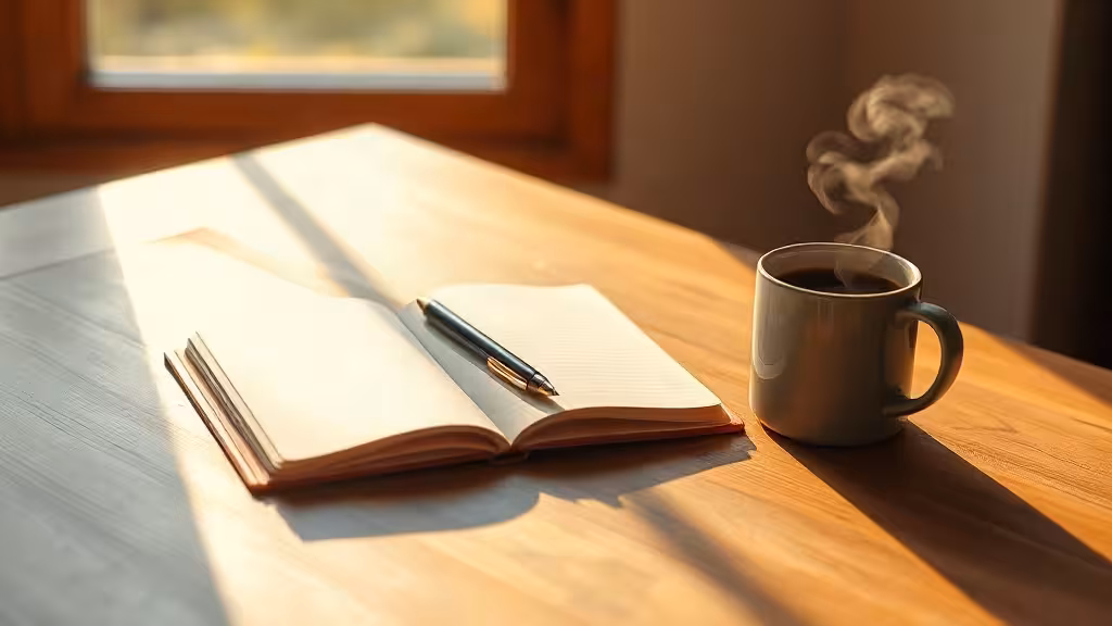 Bureau minimaliste éclairé par la lumière naturelle du jour, carnet et stylo, symbolisant l'effort authentique derrière les revenus passifs