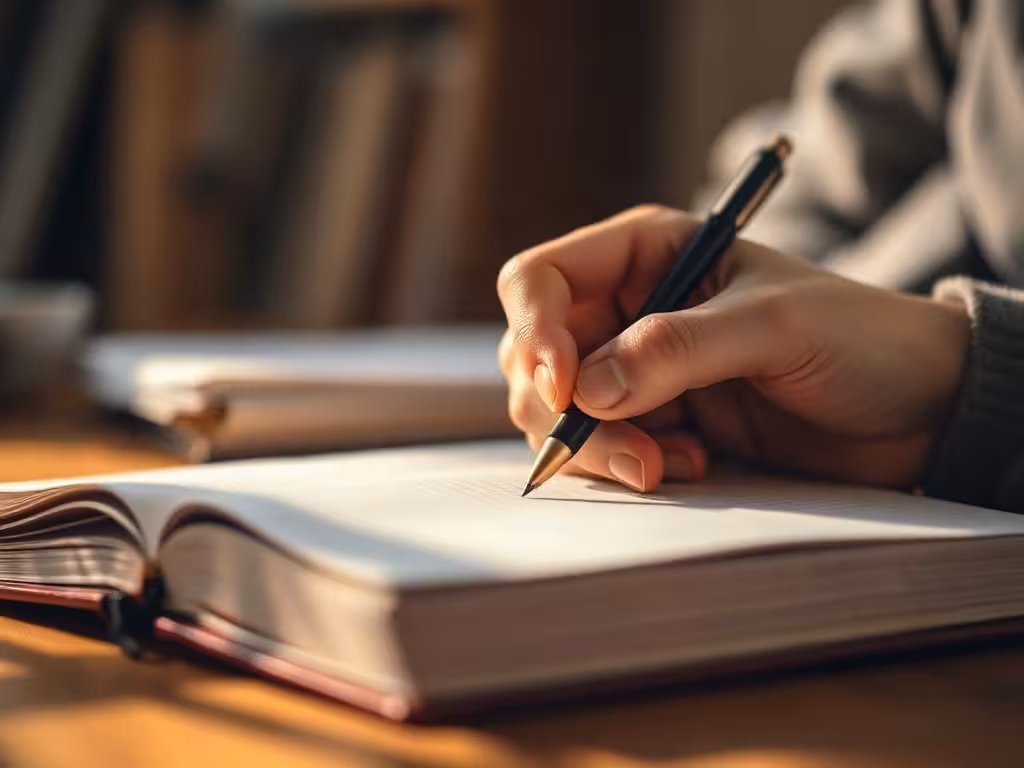 Mains écrivant dans un carnet en lumière douce, illustration de l'apprentissage et de l'effort réel que demandent les revenus passifs