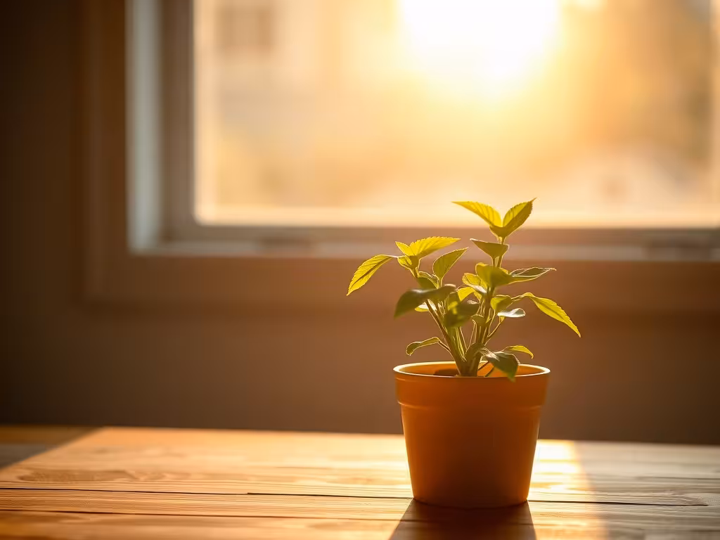 Jeune plante verte se développant à la lumière naturelle, illustration de la croissance progressive et de l'abondance constructive plutôt que rapide