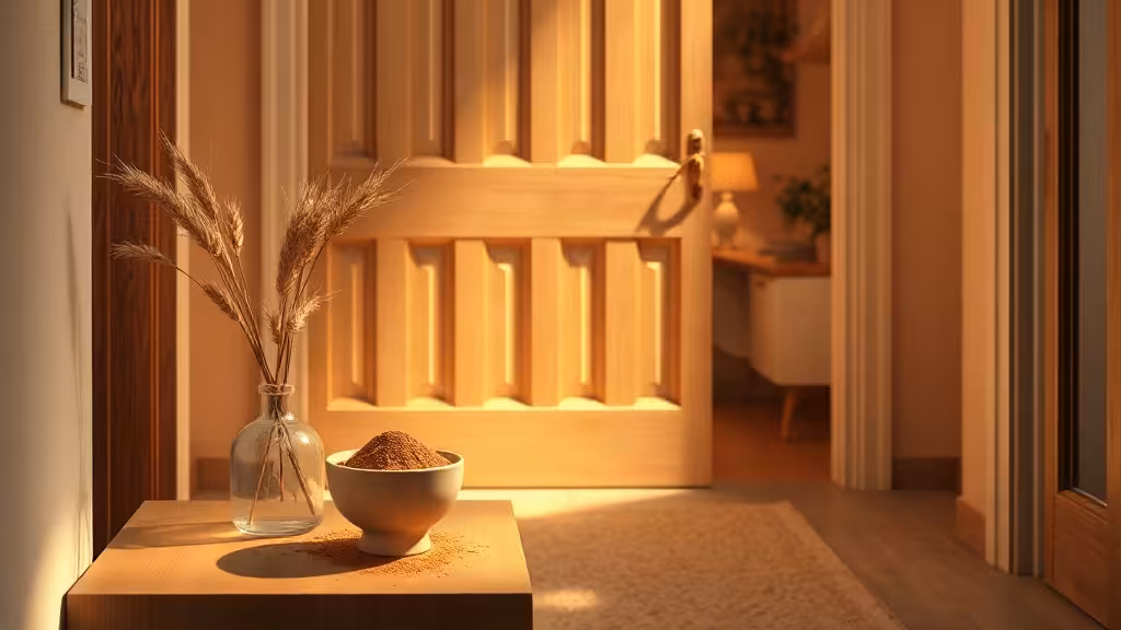 Rituel cannelle à l’entrée d’un logement, avec poudre et décoration naturelle.
