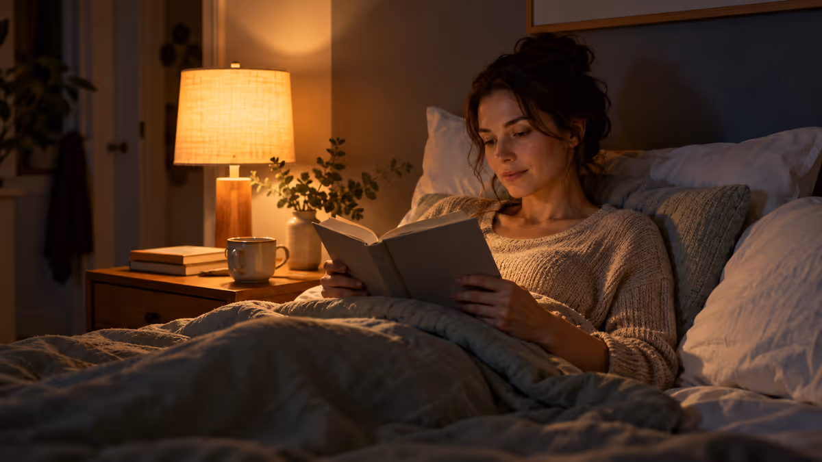 Une femme lit calmement dans son lit.