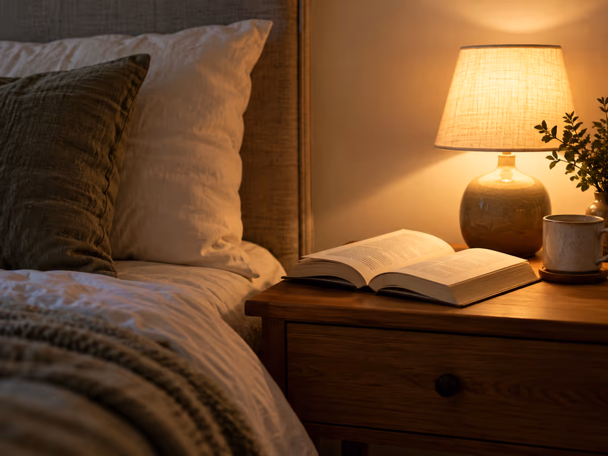 Un livre repose près d’une lampe de chevet.