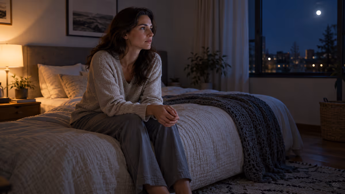 Une femme est assise au bord de son lit pendant la nuit.