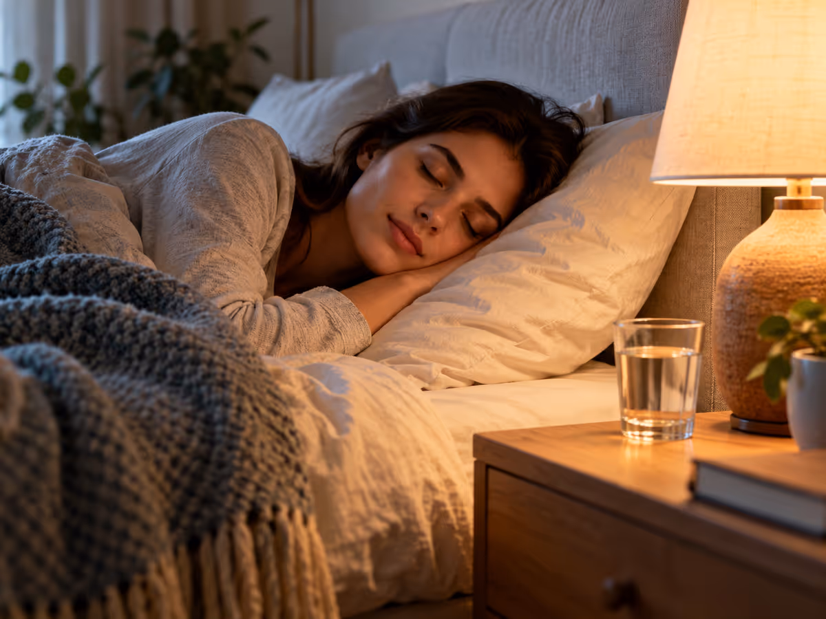Une lampe éclaire doucement une chambre.