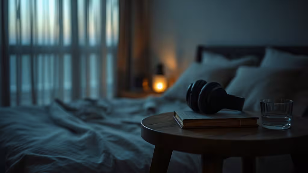 Casque au chevet dans une chambre calme pour s’endormir avec des sons binauraux.