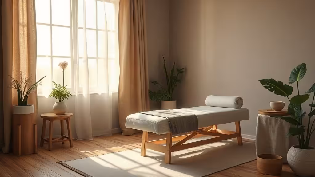Cabinet de soins énergétiques baigné de lumière naturelle, aménagé avec sobriété